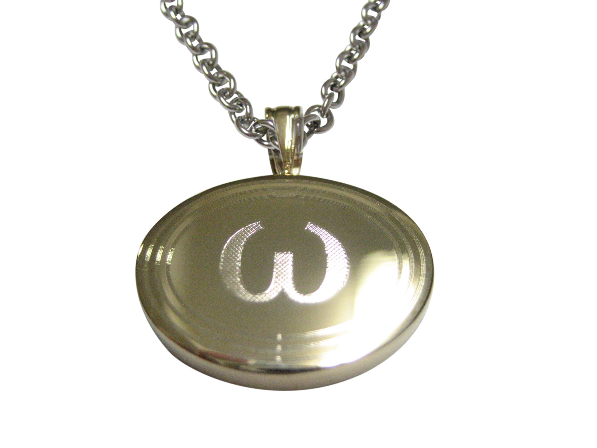Gold Toned Etched Oval Greek Lowercase Letter Omega Pendant Necklace