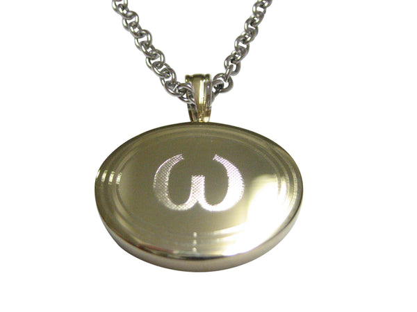 Gold Toned Etched Oval Greek Lowercase Letter Omega Pendant Necklace