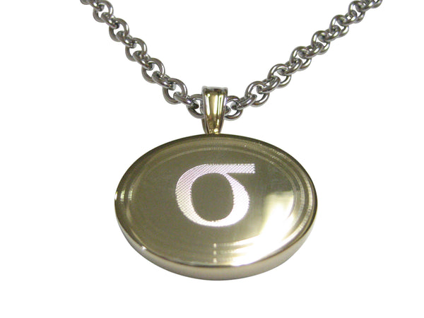 Gold Toned Etched Oval Greek Lowercase Letter Sigma Pendant Necklace