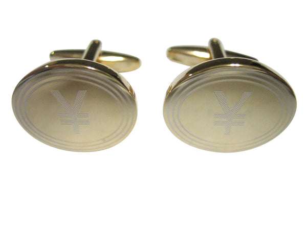 Gold Toned Etched Oval Japanese Yen Currency Sign Cufflinks