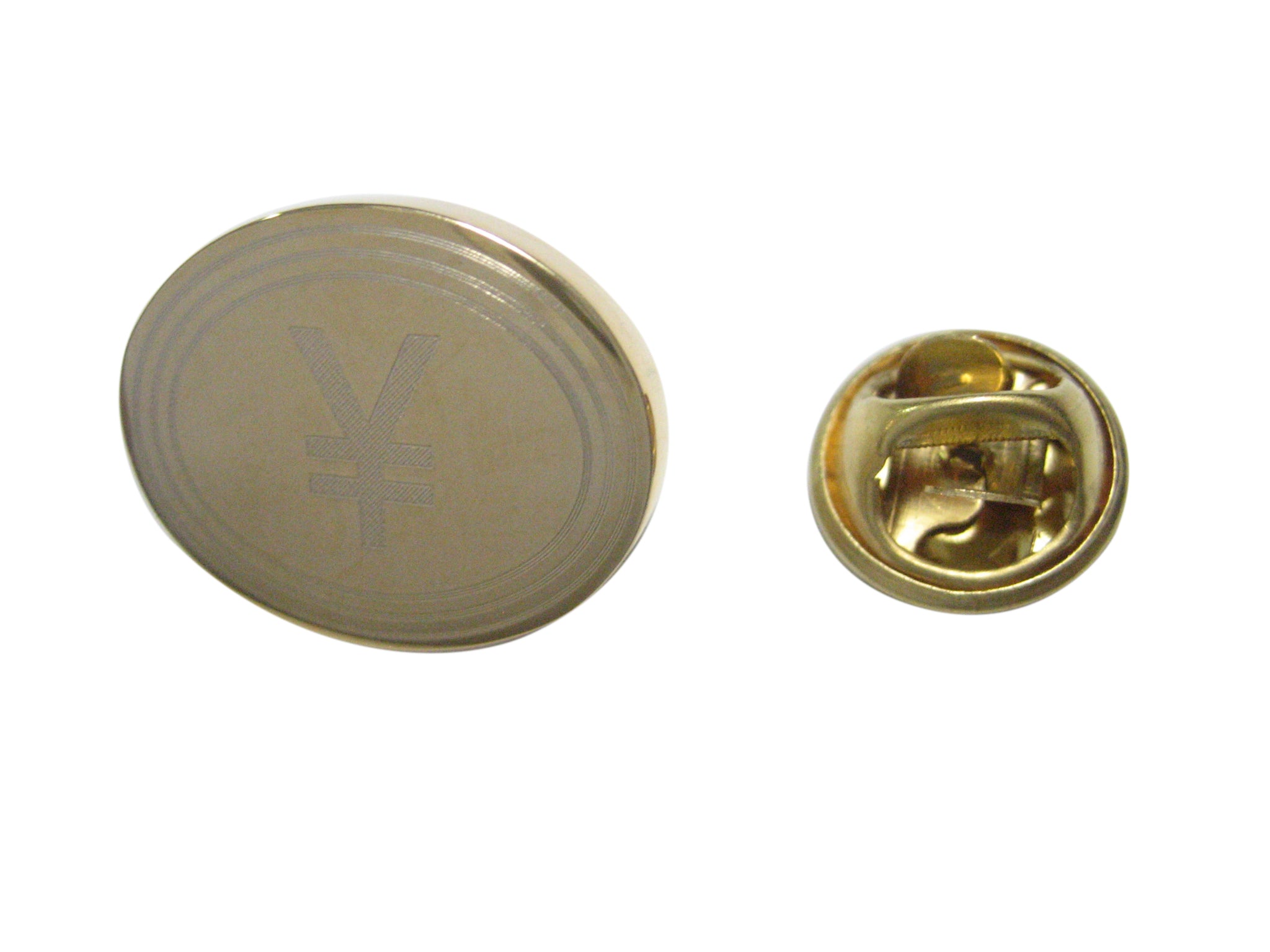Gold Toned Etched Oval Japanese Yen Currency Sign Lapel Pin