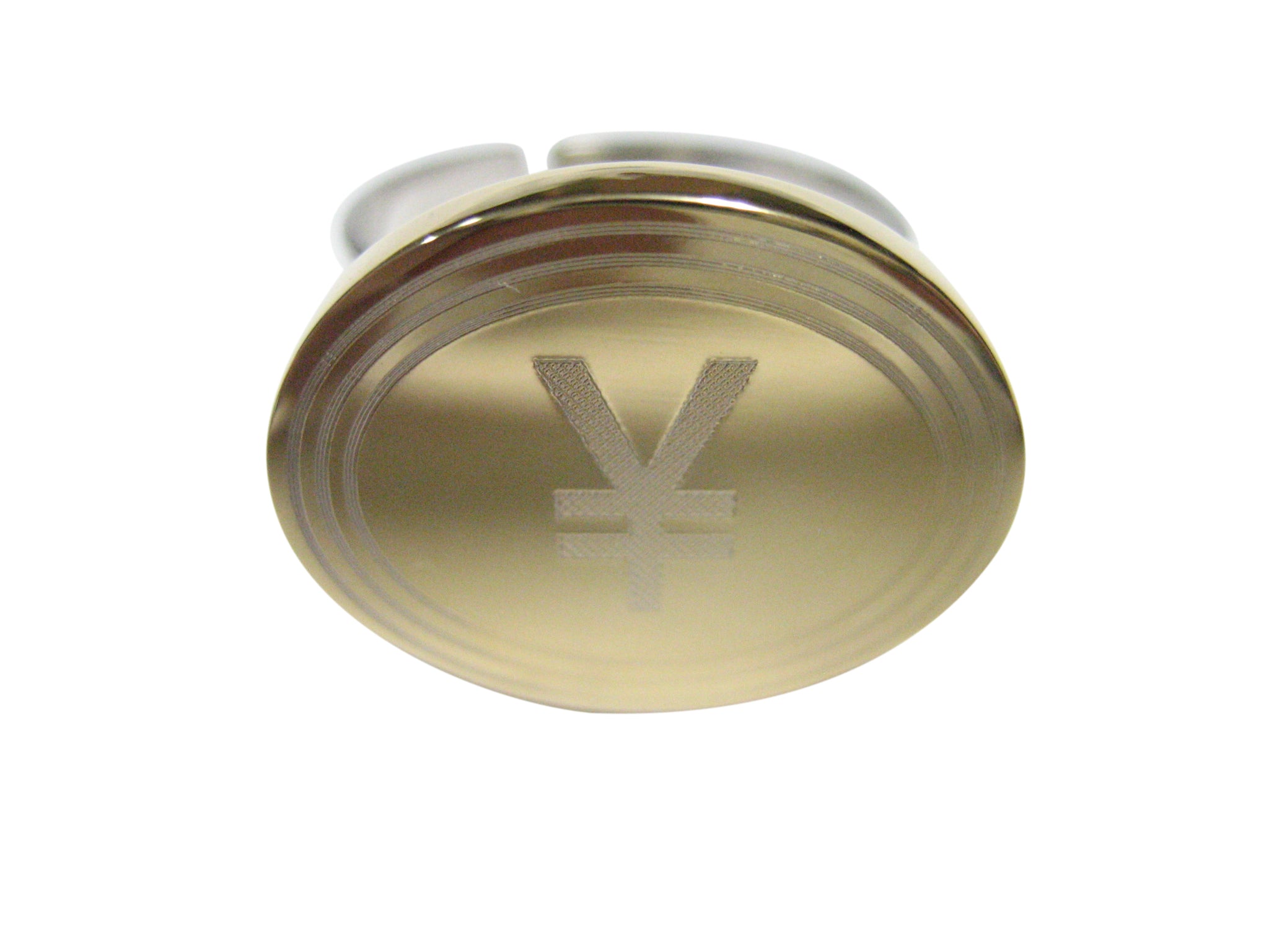 Gold Toned Etched Oval Japanese Yen Currency Sign Pendant Adjustable Size Fashion Ring