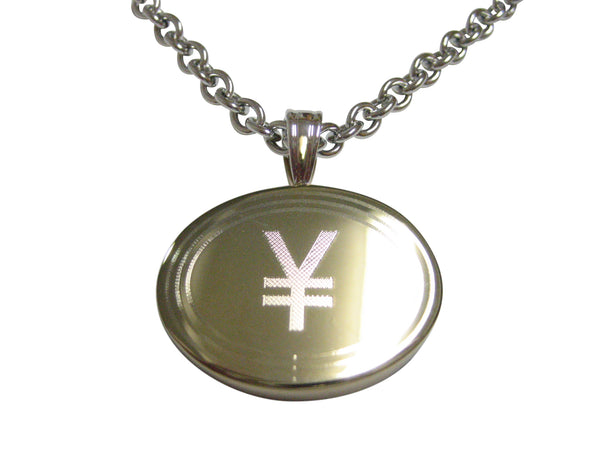 Gold Toned Etched Oval Japanese Yen Currency Sign Pendant Necklace