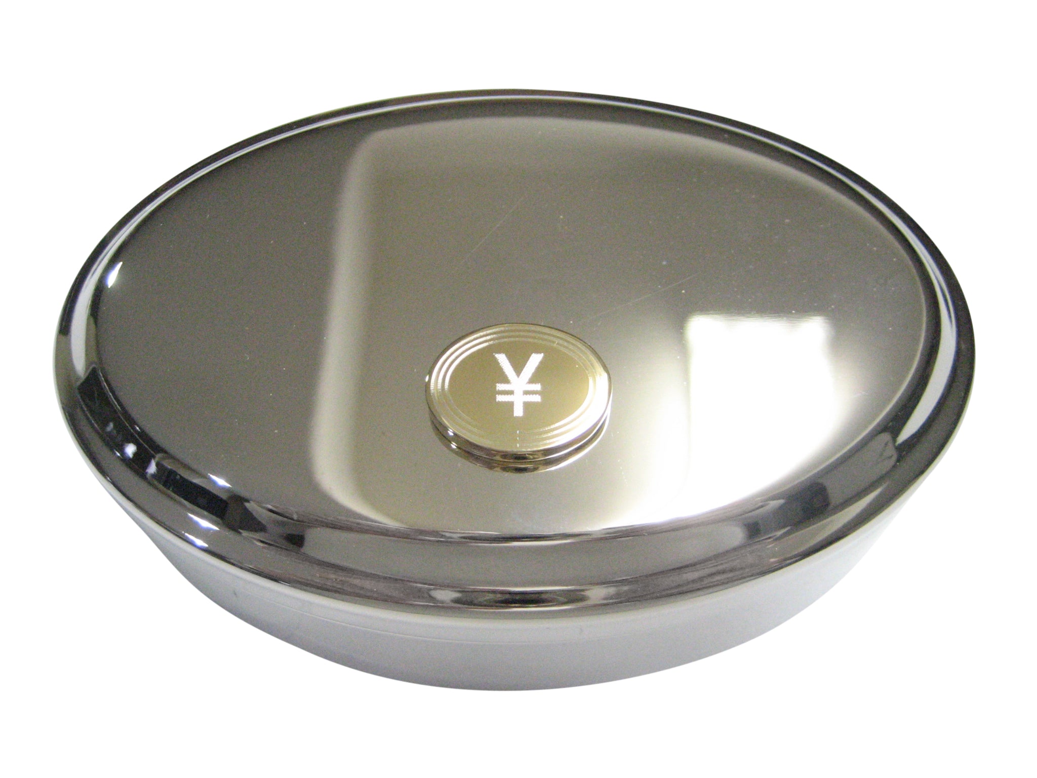 Gold Toned Etched Oval Japanese Yen Currency Sign Pendant Oval Trinket Jewelry Box