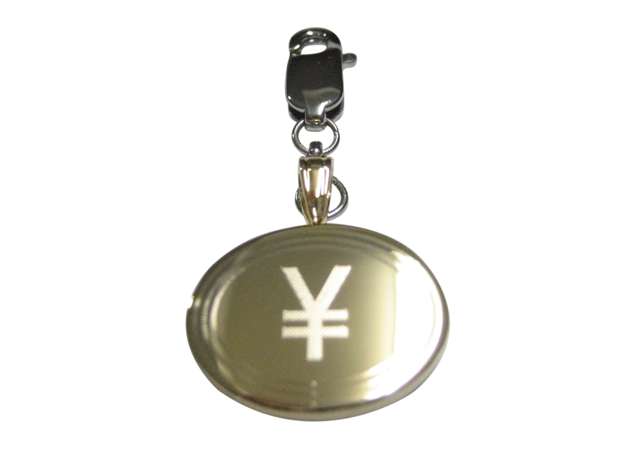 Gold Toned Etched Oval Japanese Yen Currency Sign Pendant Zipper Pull Charm
