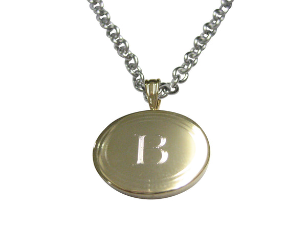 Gold Toned Etched Oval Letter B Monogram Pendant Necklace