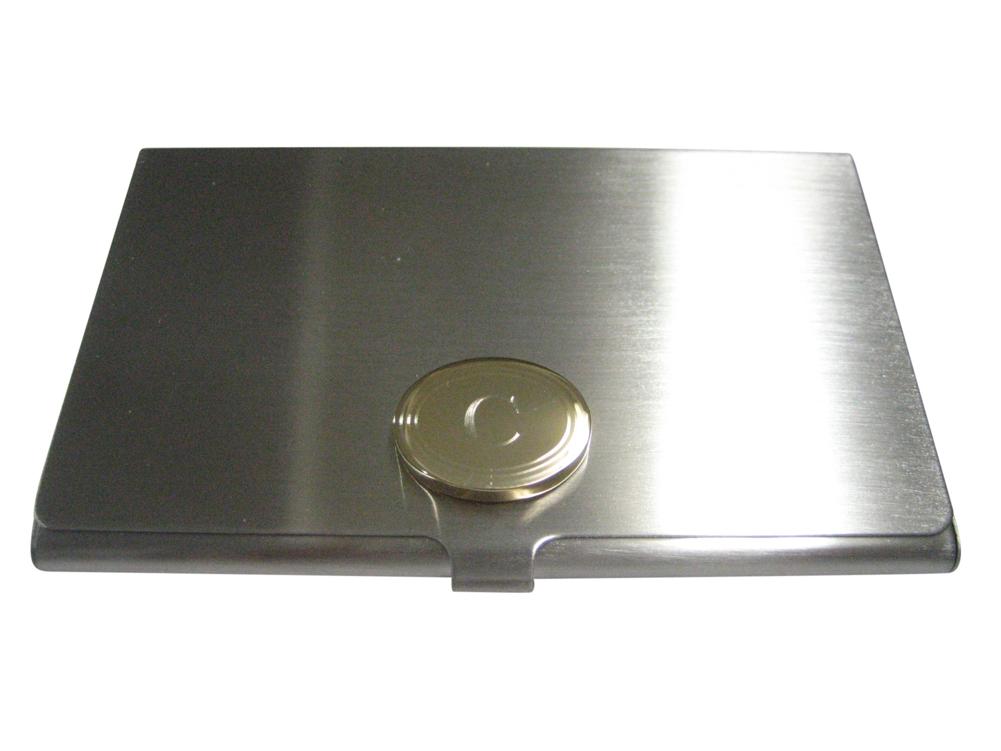 Gold Toned Etched Oval Letter C Monogram Business Card Holder