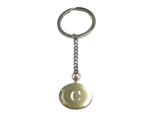 Gold Toned Etched Oval Letter C Monogram Pendant Keychain