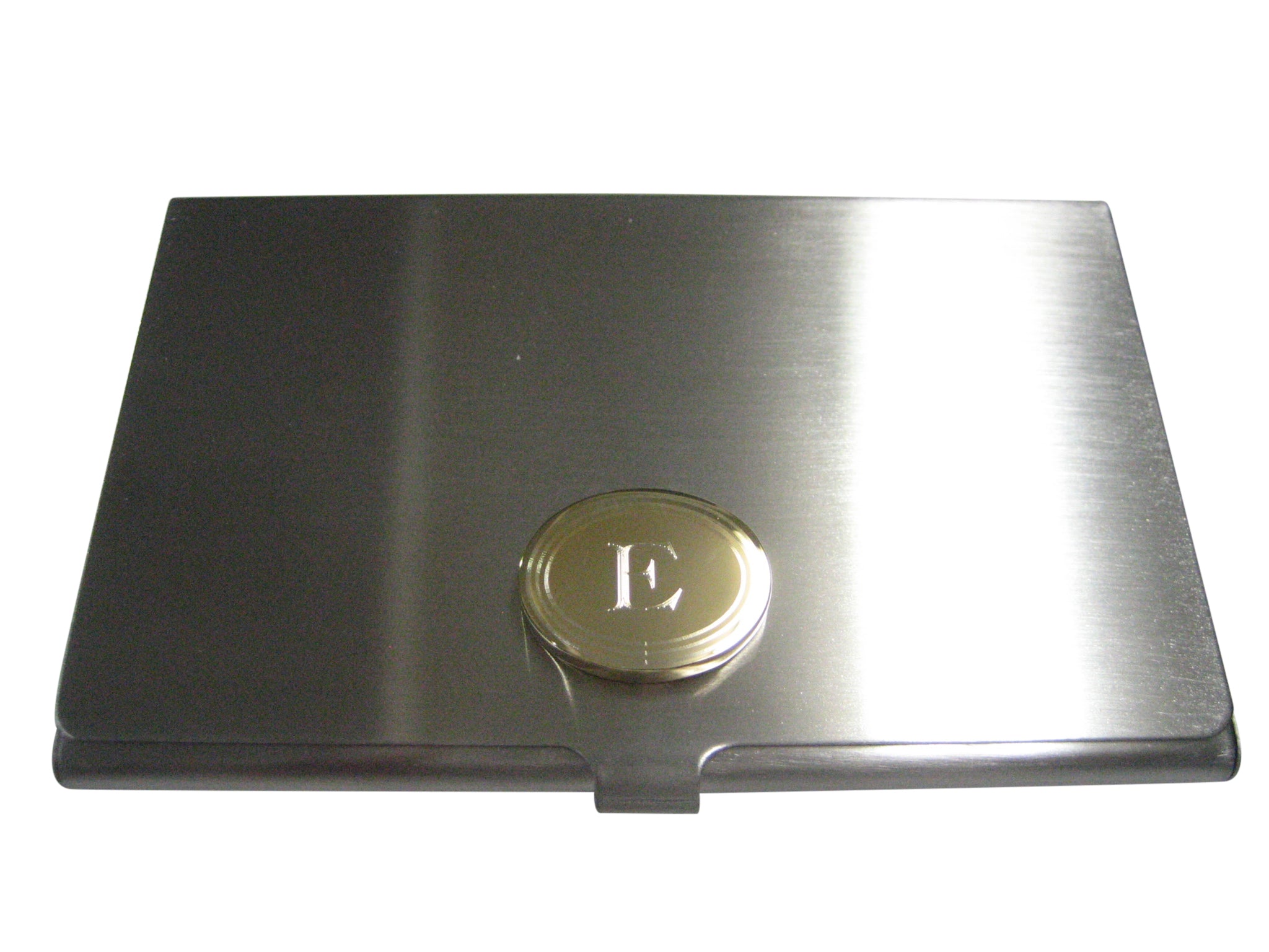Gold Toned Etched Oval Letter E Monogram Business Card Holder