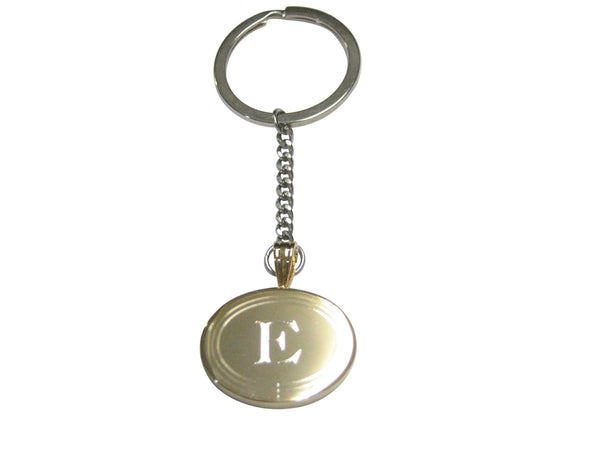 Gold Toned Etched Oval Letter E Monogram Pendant Keychain