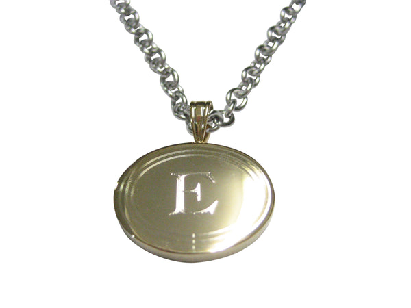 Gold Toned Etched Oval Letter E Monogram Pendant Necklace