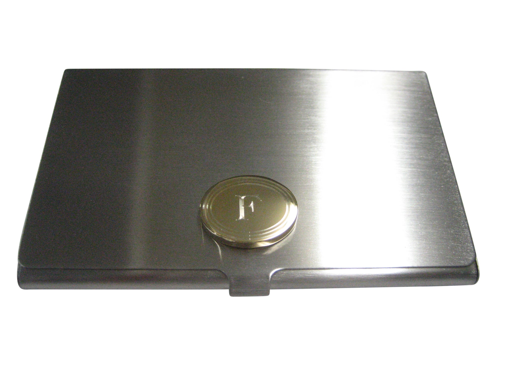 Gold Toned Etched Oval Letter F Monogram Business Card Holder