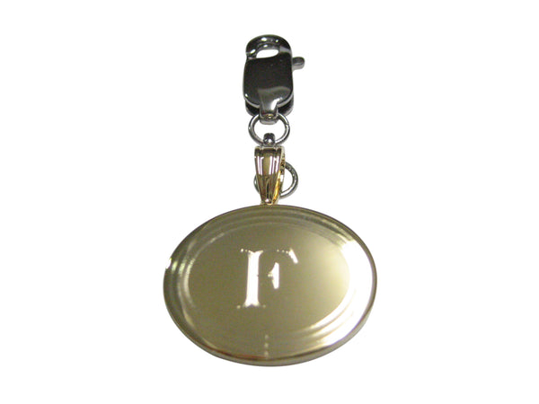 Gold Toned Etched Oval Letter F Monogram Pendant Zipper Pull Charm