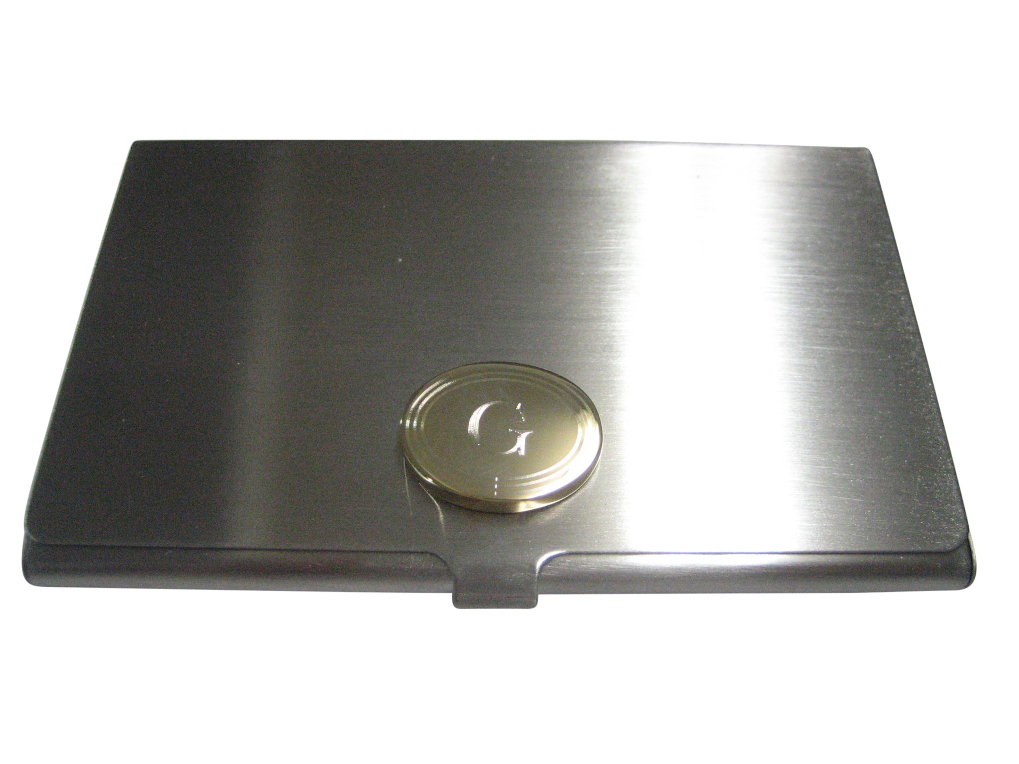 Gold Toned Etched Oval Letter G Monogram Business Card Holder