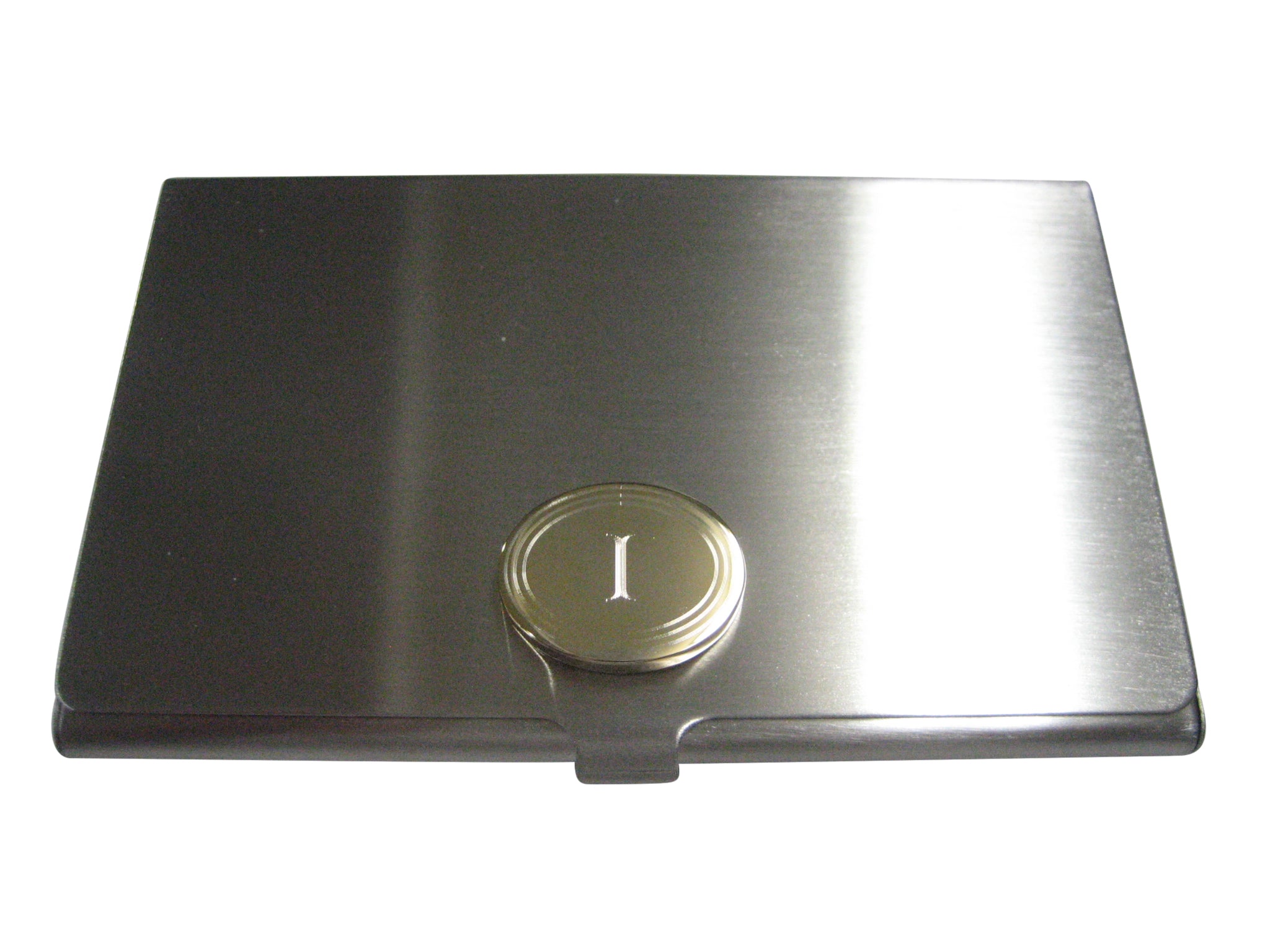 Gold Toned Etched Oval Letter I Monogram Business Card Holder