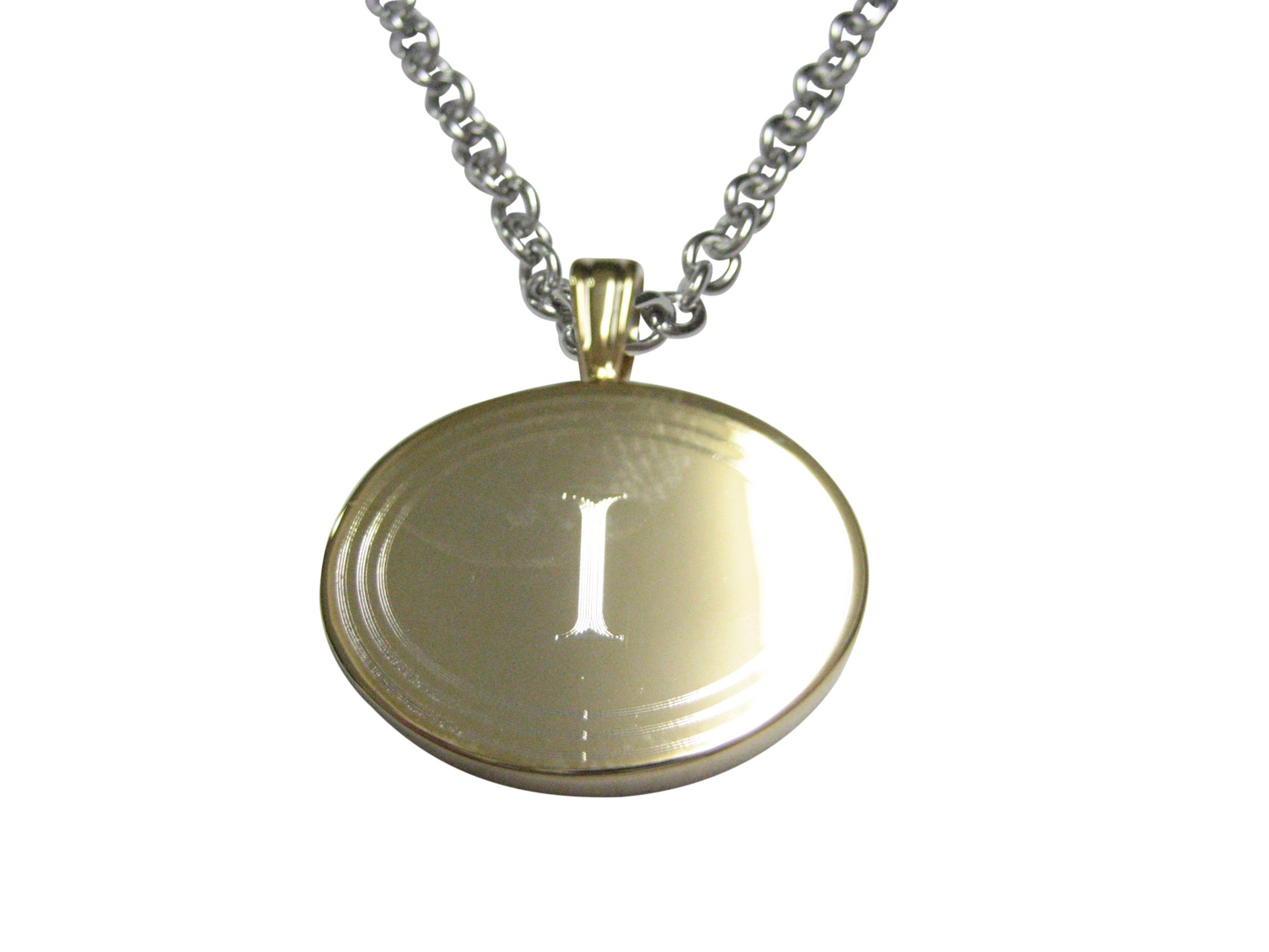 Gold Toned Etched Oval Letter I Monogram Pendant Necklace