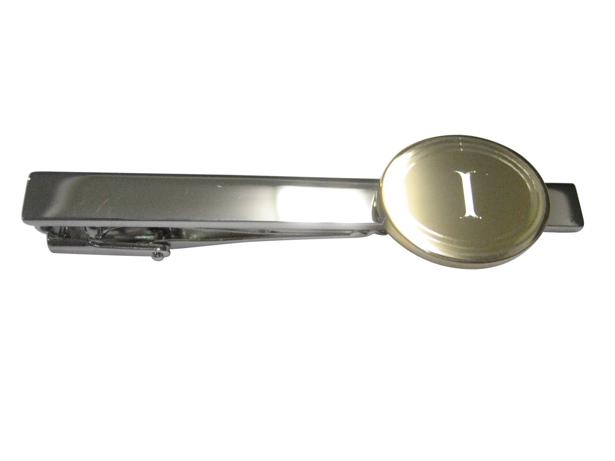 Gold Toned Etched Oval Letter I Monogram Tie Clip