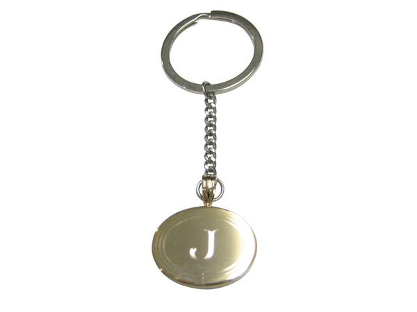 Gold Toned Etched Oval Letter J Monogram Pendant Keychain