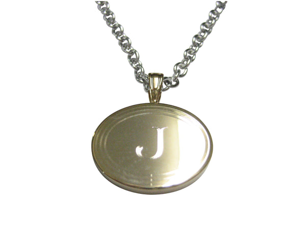 Gold Toned Etched Oval Letter J Monogram Pendant Necklace