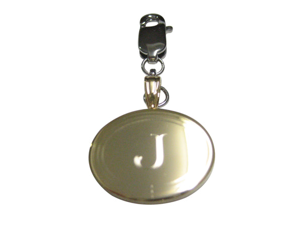 Gold Toned Etched Oval Letter J Monogram Pendant Zipper Pull Charm