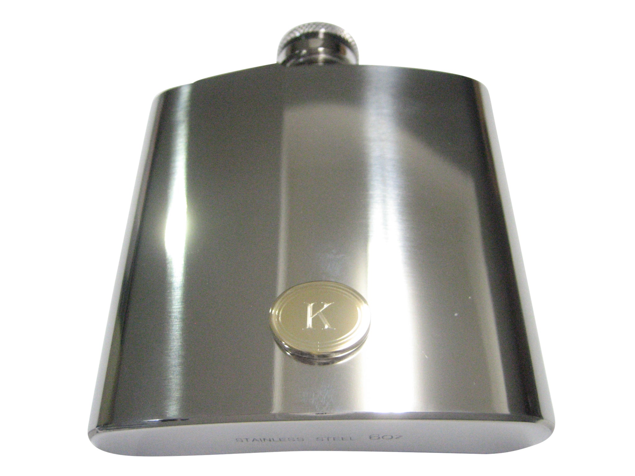 Gold Toned Etched Oval Letter K Monogram 6oz Flask