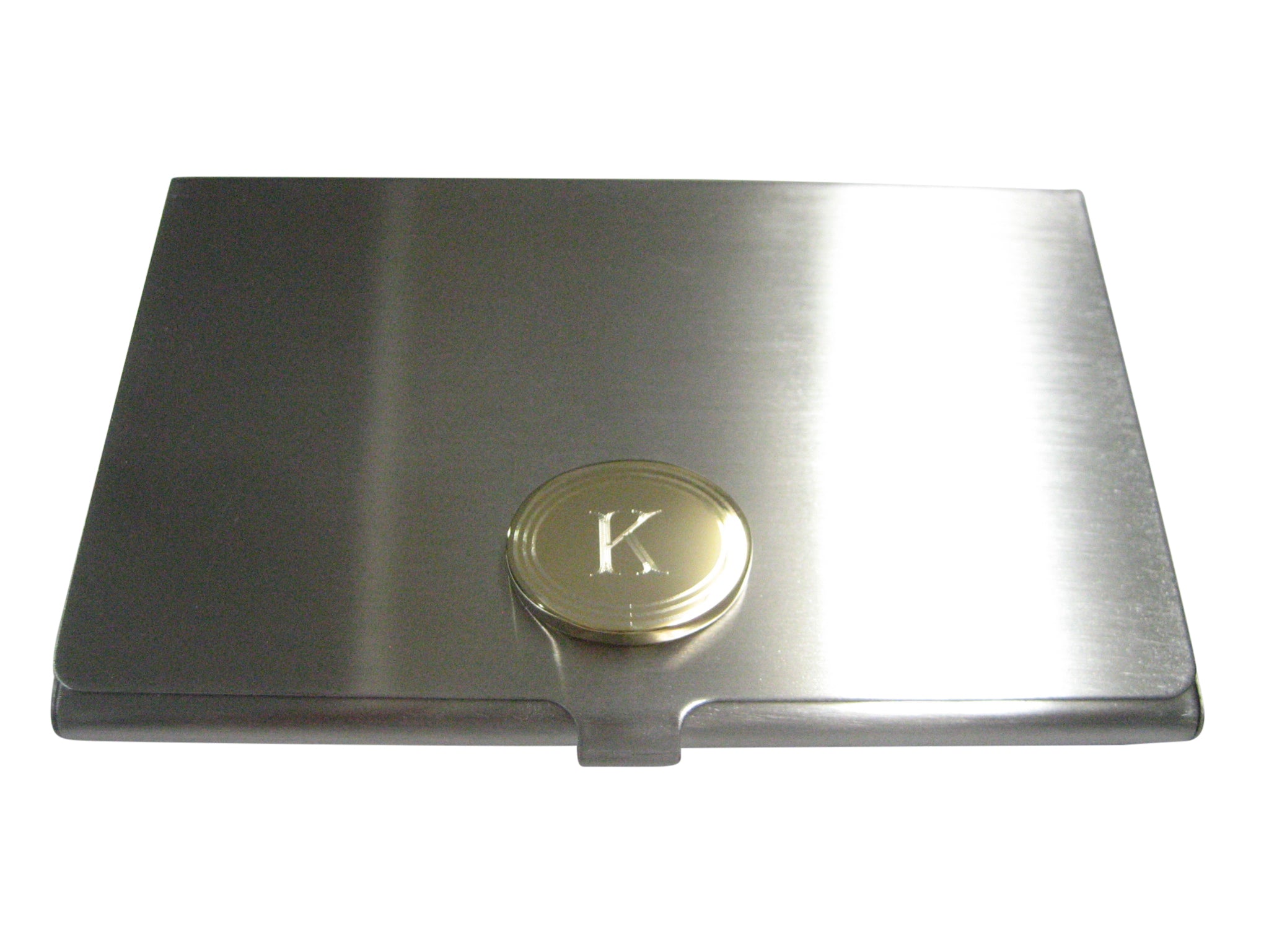 Gold Toned Etched Oval Letter K Monogram Business Card Holder