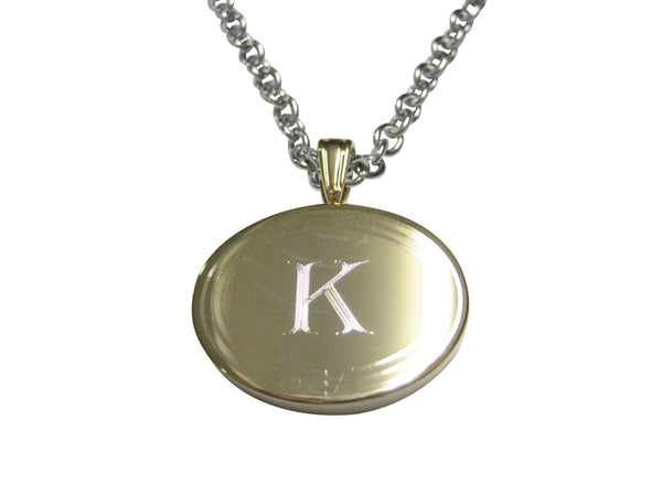 Gold Toned Etched Oval Letter K Monogram Pendant Necklace