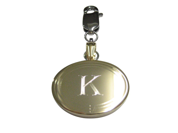 Gold Toned Etched Oval Letter K Monogram Pendant Zipper Pull Charm
