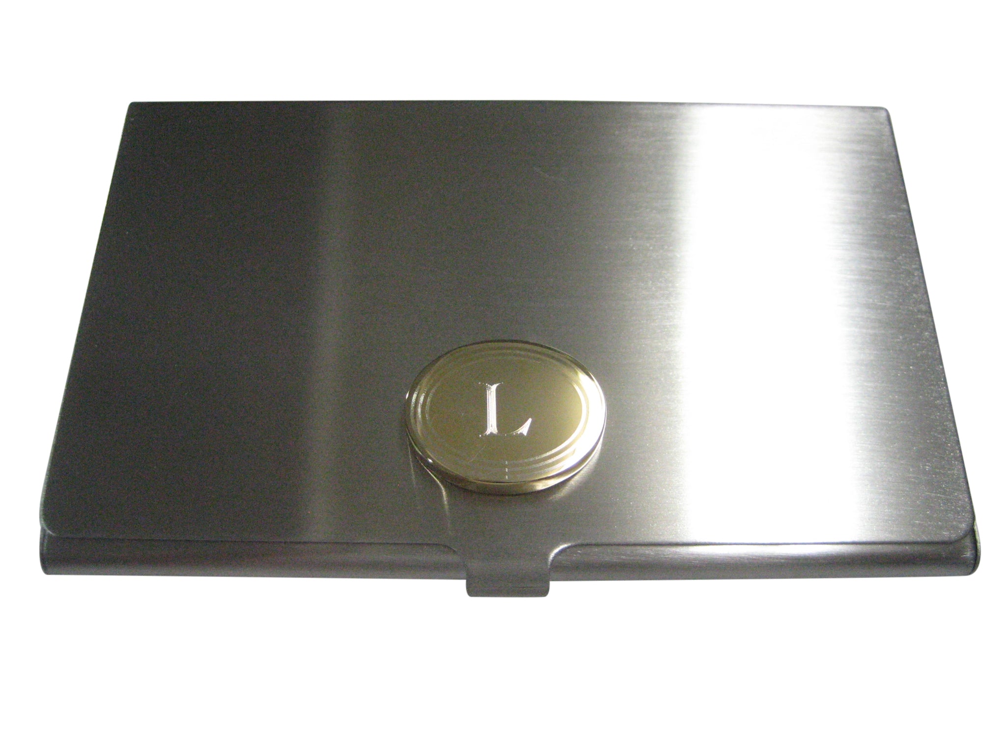 Gold Toned Etched Oval Letter L Monogram Business Card Holder