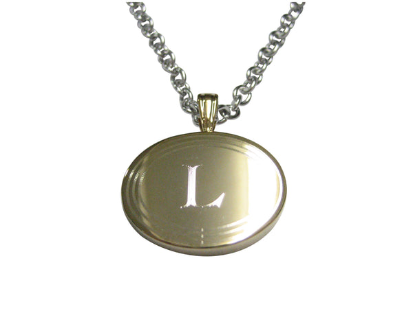 Gold Toned Etched Oval Letter L Monogram Pendant Necklace