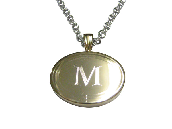 Gold Toned Etched Oval Letter M Monogram Pendant Necklace