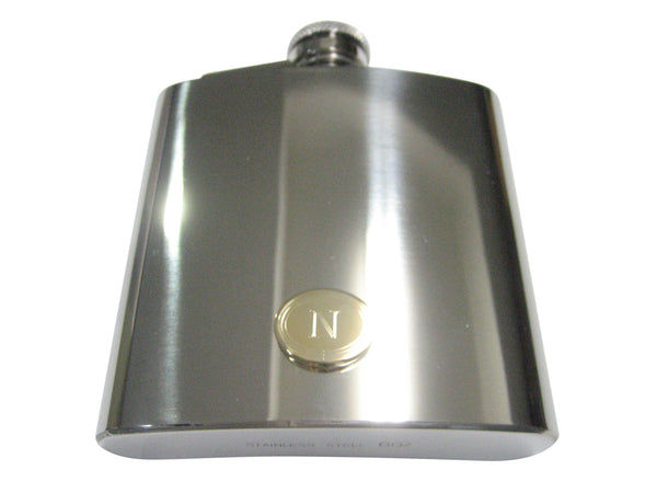 Gold Toned Etched Oval Letter N Monogram 6oz Flask