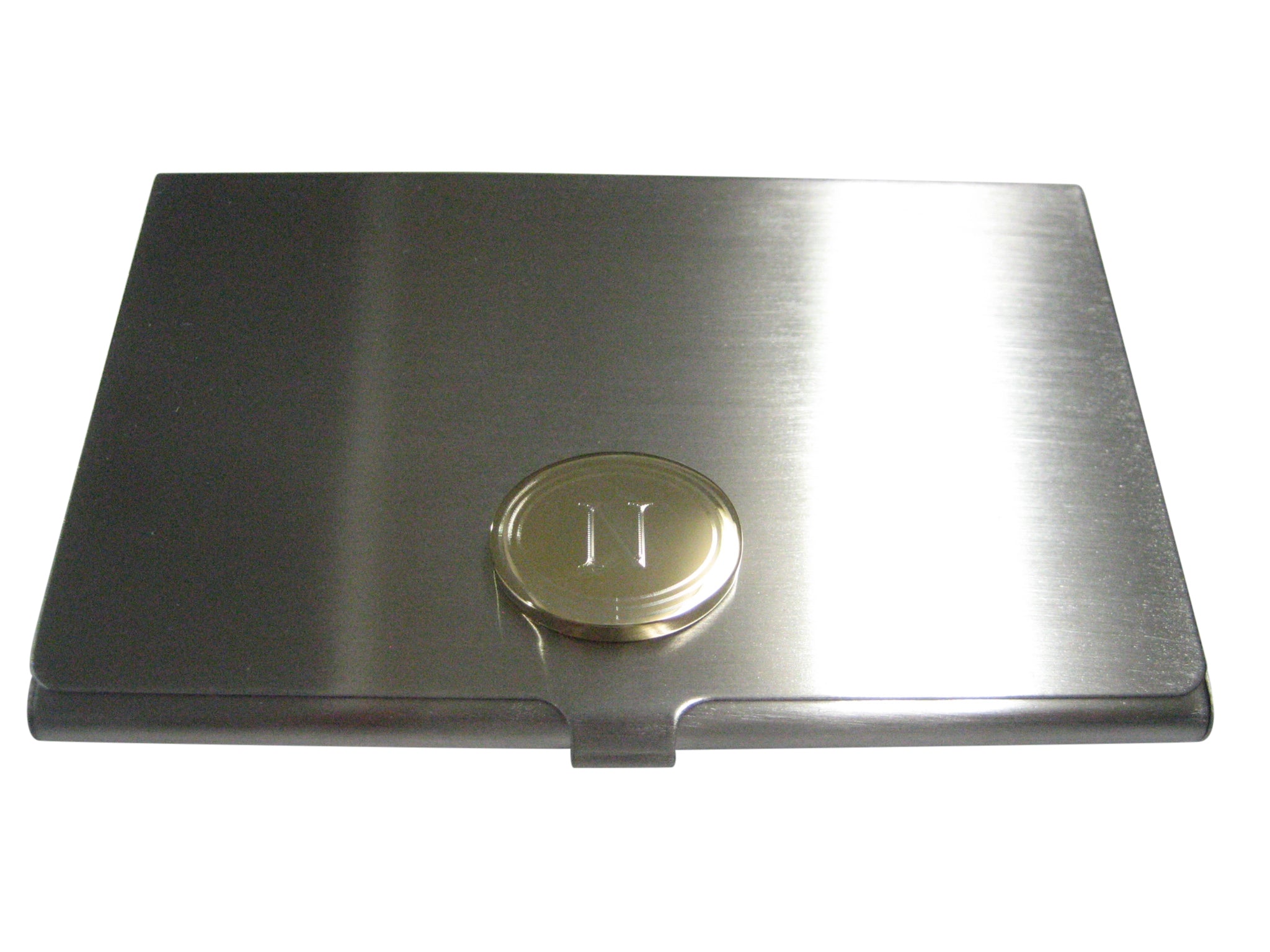 Gold Toned Etched Oval Letter N Monogram Business Card Holder