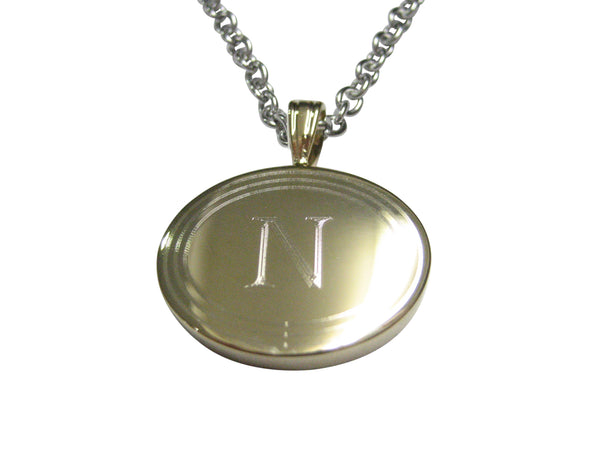 Gold Toned Etched Oval Letter N Monogram Pendant Necklace