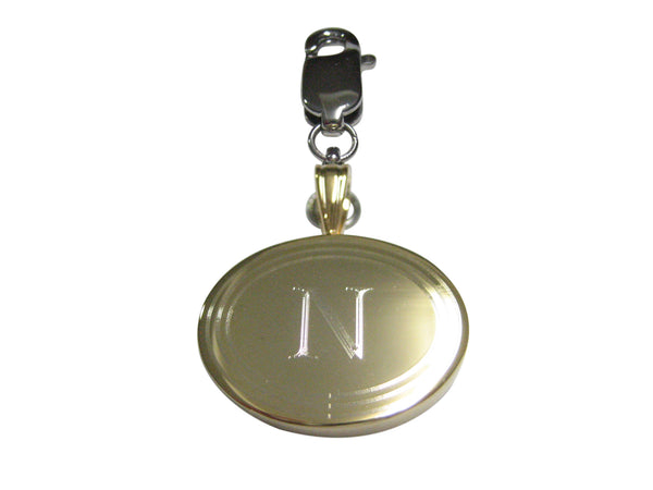Gold Toned Etched Oval Letter N Monogram Pendant Zipper Pull Charm