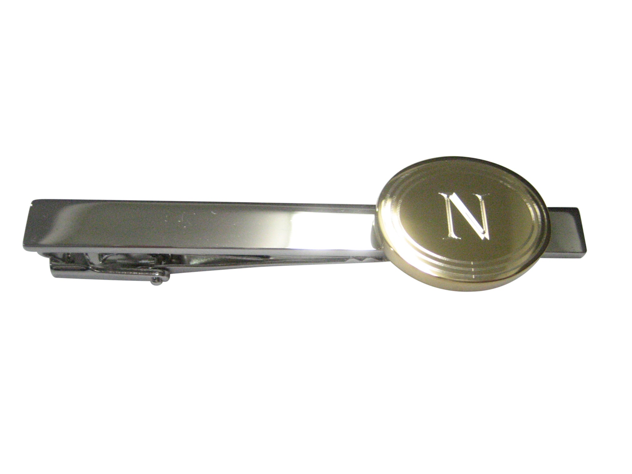 Gold Toned Etched Oval Letter N Monogram Tie Clip