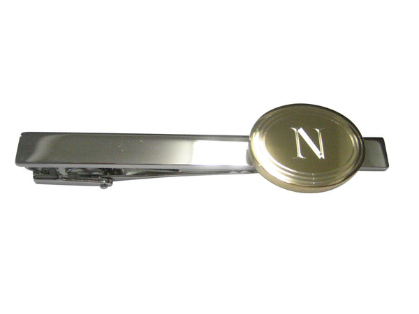 Gold Toned Etched Oval Letter N Monogram Tie Clip