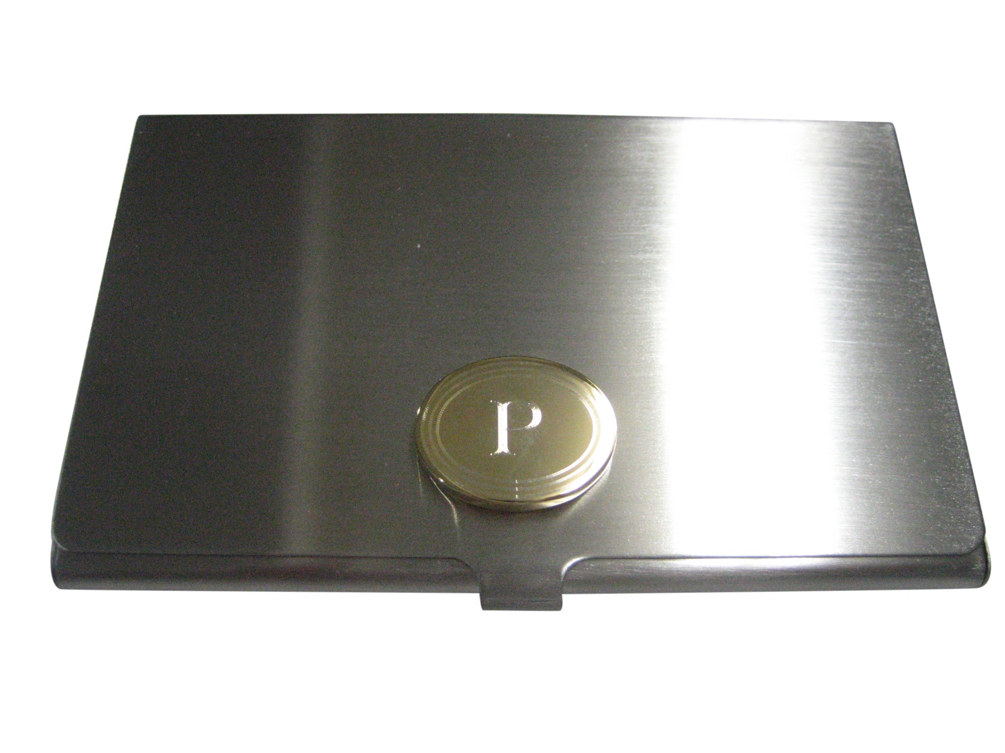 Gold Toned Etched Oval Letter P Monogram Business Card Holder