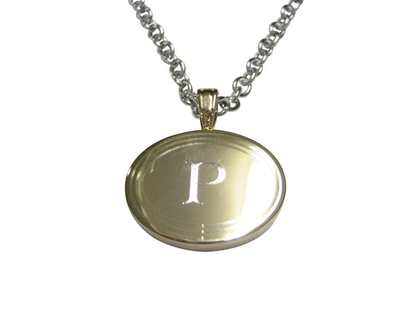 Gold Toned Etched Oval Letter P Monogram Pendant Necklace