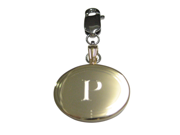 Gold Toned Etched Oval Letter P Monogram Pendant Zipper Pull Charm