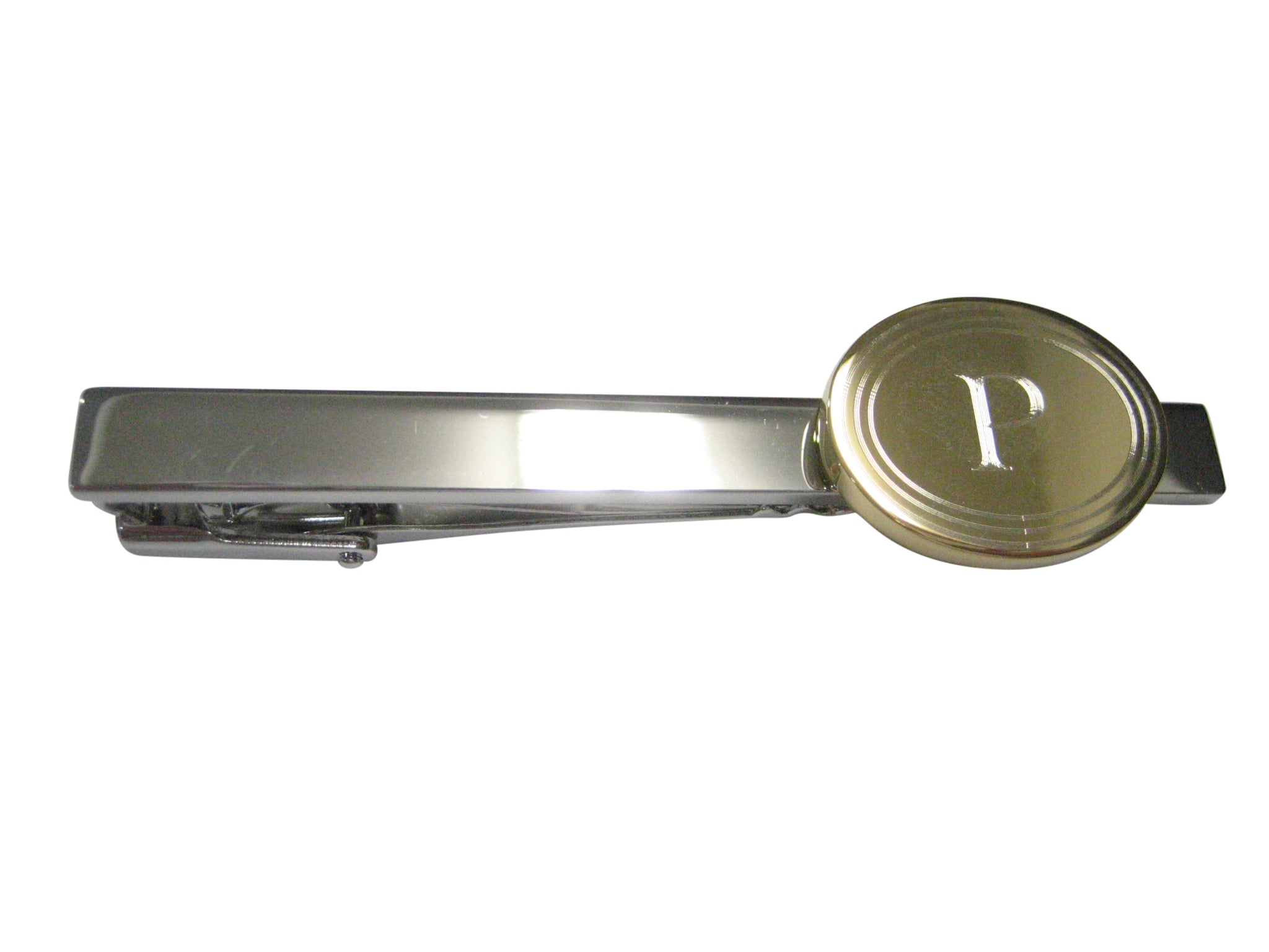 Gold Toned Etched Oval Letter P Monogram Tie Clip