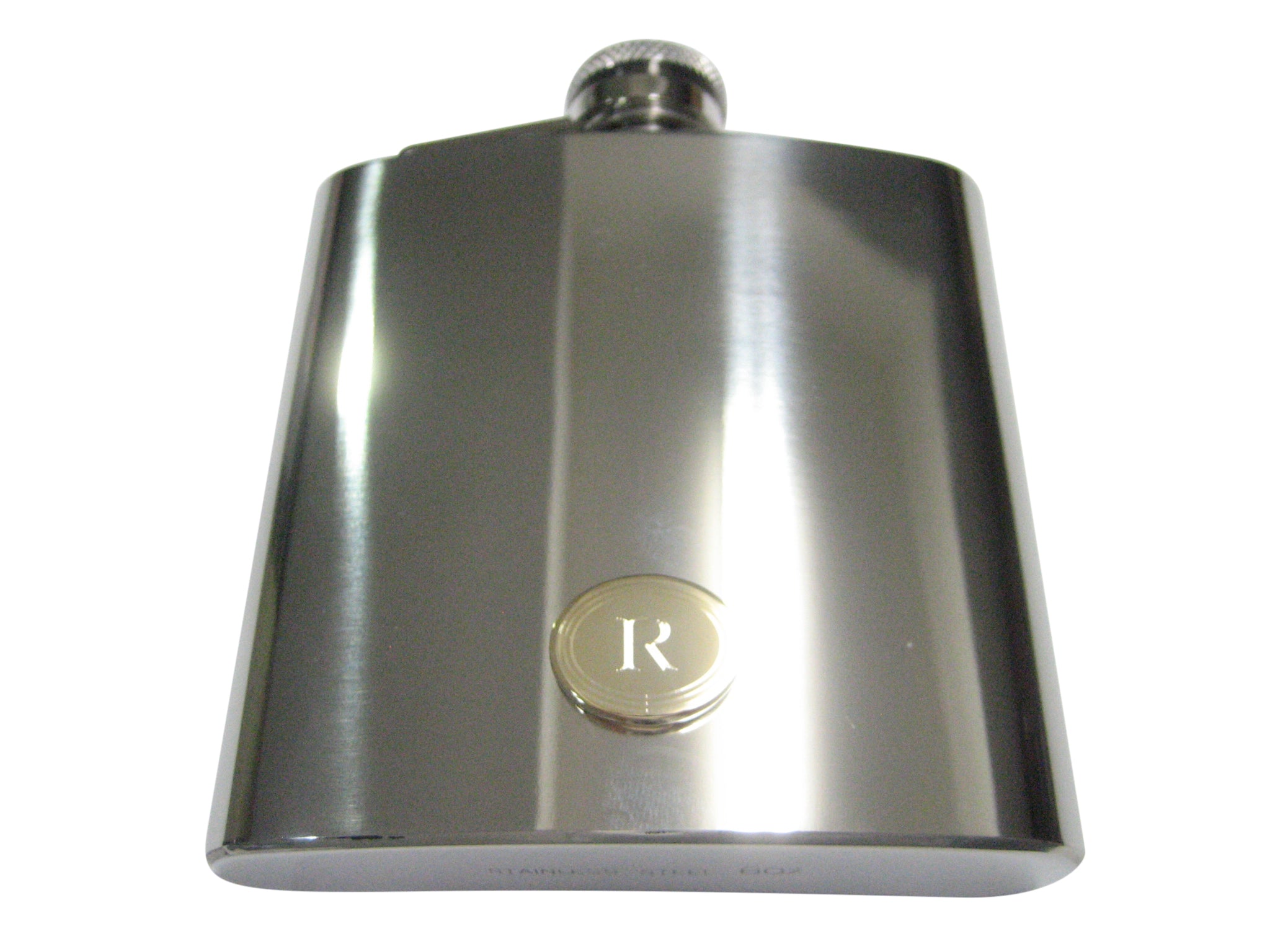Gold Toned Etched Oval Letter R Monogram 6oz Flask