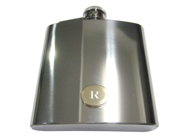 Gold Toned Etched Oval Letter R Monogram 6oz Flask