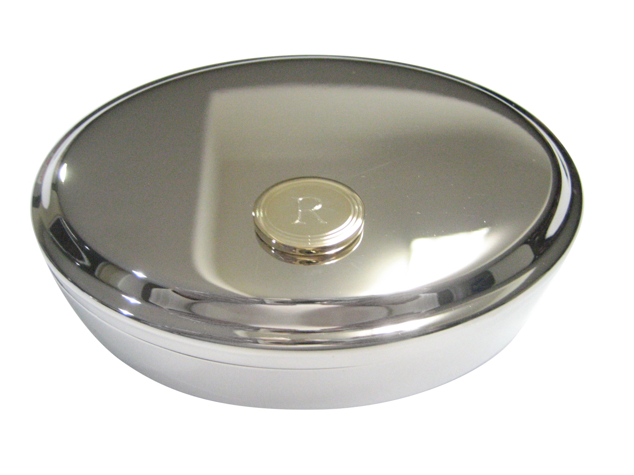 Gold Toned Etched Oval Letter R Monogram Oval Trinket Jewelry Box