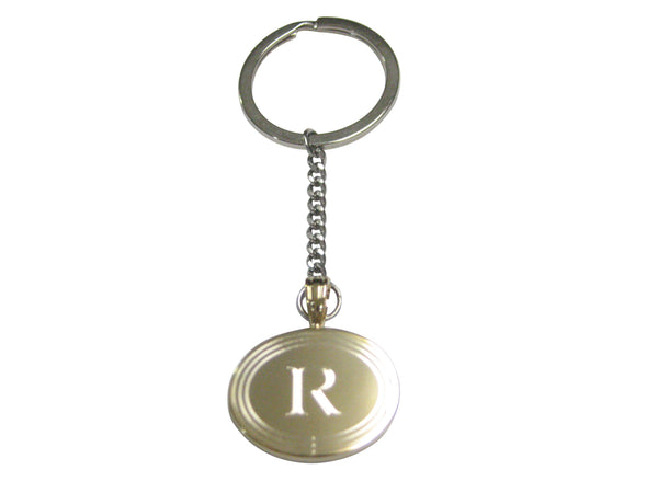 Gold Toned Etched Oval Letter R Monogram Pendant Keychain
