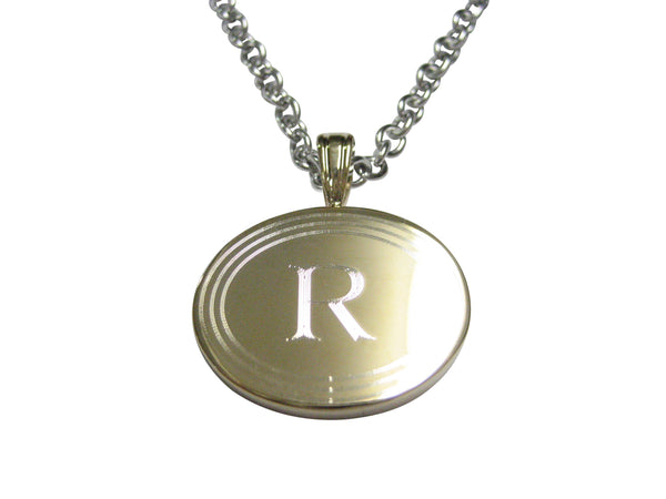 Gold Toned Etched Oval Letter R Monogram Pendant Necklace