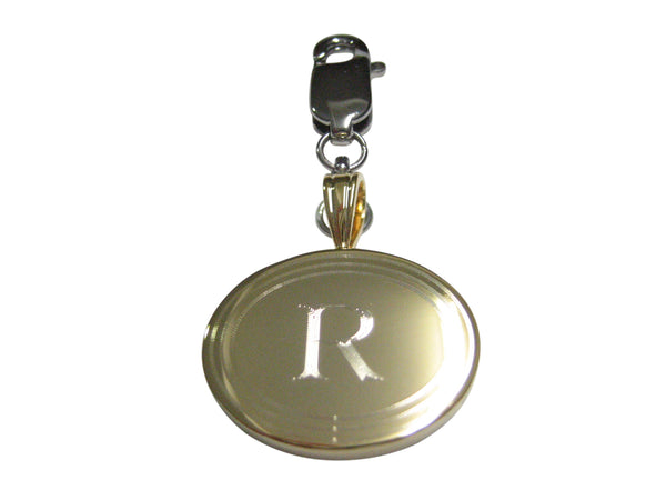 Gold Toned Etched Oval Letter R Monogram Pendant Zipper Pull Charm