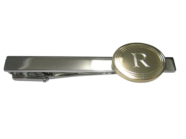 Gold Toned Etched Oval Letter R Monogram Tie Clip