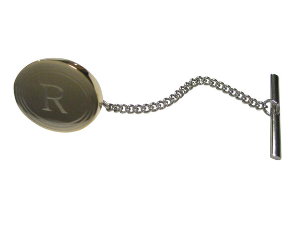Gold Toned Etched Oval Letter R Monogram Tie Tack