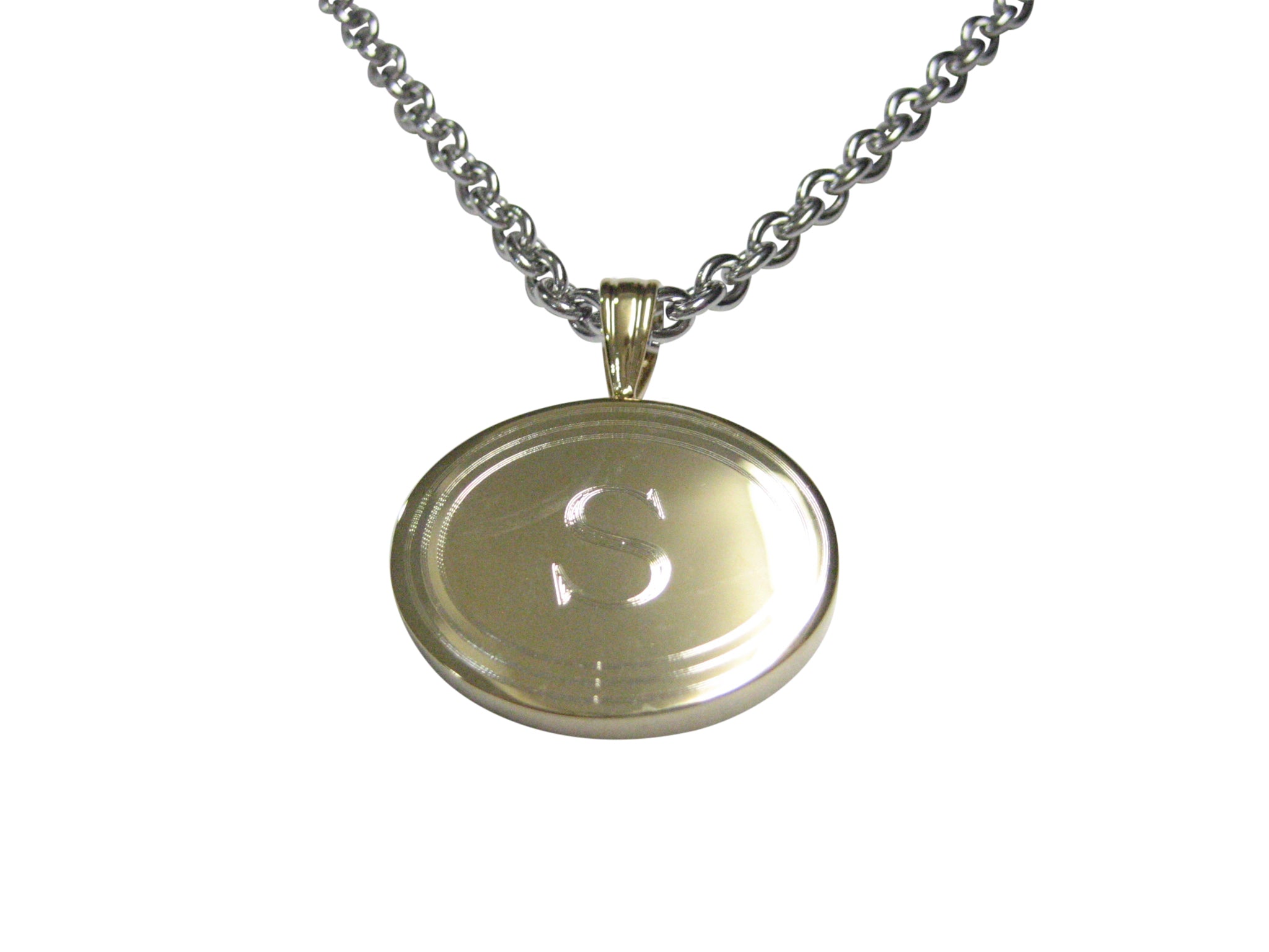 Gold Toned Etched Oval Letter S Monogram Pendant Necklace